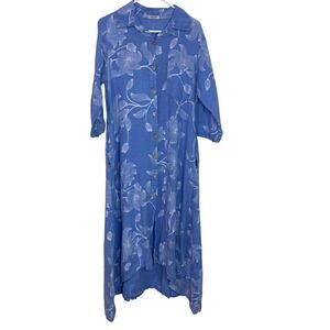 PURO LINO Italy Blue Floral Print Button Front Maxi Shirt Dress